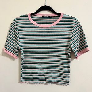 Nasty Gal Pink and Green Striped Short Sleeve Ribbed Crop Top Size US 10 L